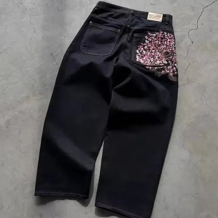 Casual suit retro low waist hip hop cherry blossom embroidered jeans wide leg pants y2k clothing mens embroidered loose jeans PlatiNum