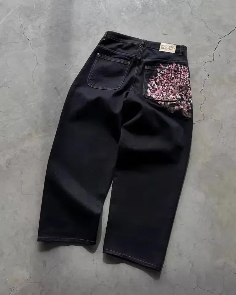 Casual suit retro low waist hip hop cherry blossom embroidered jeans wide leg pants y2k clothing mens embroidered loose jeans PlatiNum