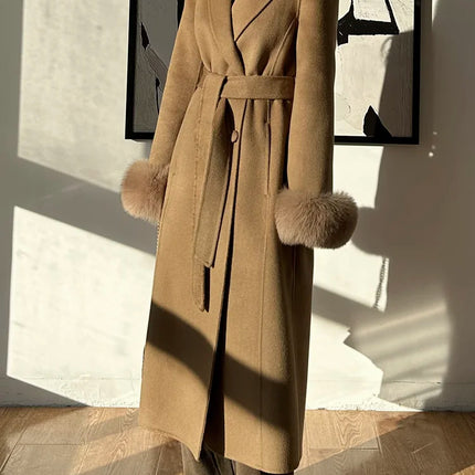Autumn Winter Korean High-end Real Fox Fur Sleeves Women Black Slim Fit Waist Cinched Double-sided Wool Coat Long Woolen Coat