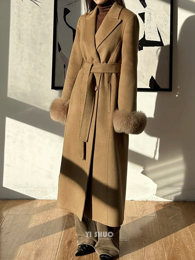 Autumn Winter Korean High-end Real Fox Fur Sleeves Women Black Slim Fit Waist Cinched Double-sided Wool Coat Long Woolen Coat