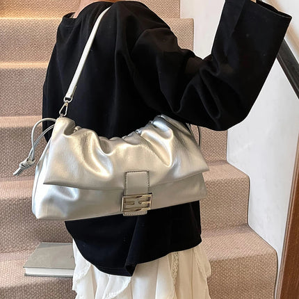 Women's Large Capacity Casual Single Shoulder Bag Soft Leather Cloud Pleated Drawstring Tote Bag Fashion Versatile Underarm Bag