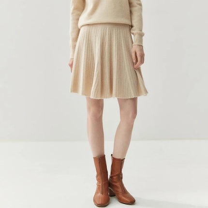 Women 100% Cashmere Skirt High Quality 2026 New Collection Knitwear Spring Winter Korean Popular Skirt Female Pleated Skirt PlatiNum