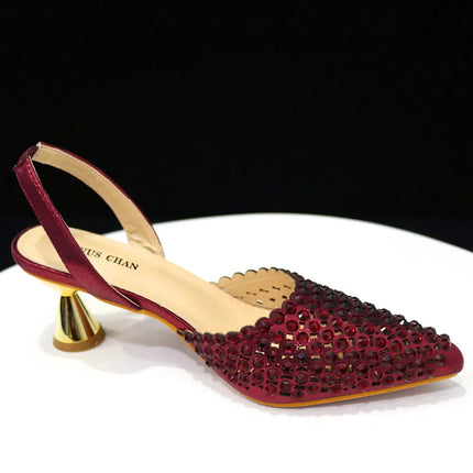 Venus Chan Pointed Toe Heels for Women 2023 Elegant Party Wine Color Full Diamond Pumps Italian Shoes and Bags Matching Set PlatiNum