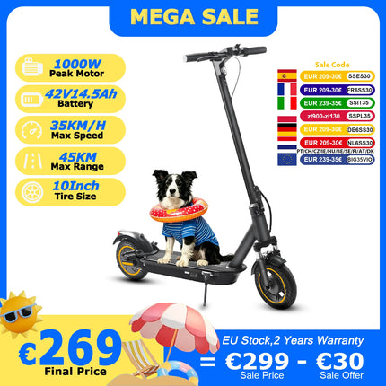 Monopattino Elettrico AOVOPRO A1MAX con Motore Potente da 500W, Velocità Massima 35KM/H, Autonomia 45KM, Batteria 42V14.5AH, Pneumatici da 10 Pollici, Pieghevole e Intelligente