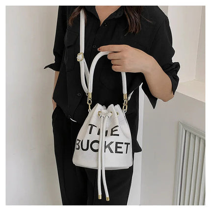 Spring New Fashion Letter PU Leather Bucket Bag Women Simple City Style Shoulder Handbag Trendy Crossbody Satchel Handbag PlatiNum