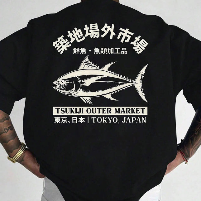 Japon, impression au dos du motif du marché aux poissons, t-shirt à manches courtes pour homme,