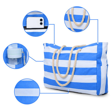 Striped zip-up outdoor travel and vacation bag, waterproof and sand-resistant canvas, convenient foldable beach bag-zmt