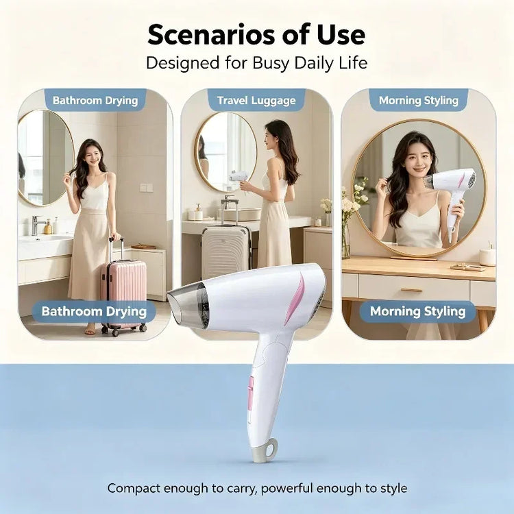 1600W Foldable Travel Hair Dryer, 100‑240V Dual‑Voltage Portable Blow Dryer with Cold Air Function & Hanging Loop for Travel Home Hair Styling