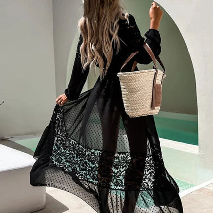 Copricostume Kimono da spiaggia per costumi da bagno donna Patchwork di pizzo bianco nero Chiffon eleganti abiti avvolgenti con cintura 2023 costumi da bagno platinumshop