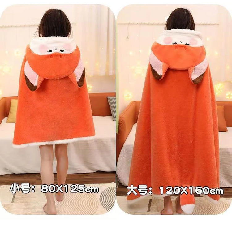 Winter Cartoon Fox Thick Wearable Blanket Nap Cloak Nightgown Office Blanket Adult Cloak