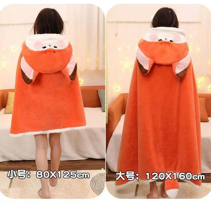 Winter Cartoon Fox Thick Wearable Blanket Nap Cloak Nightgown Office Blanket Adult Cloak