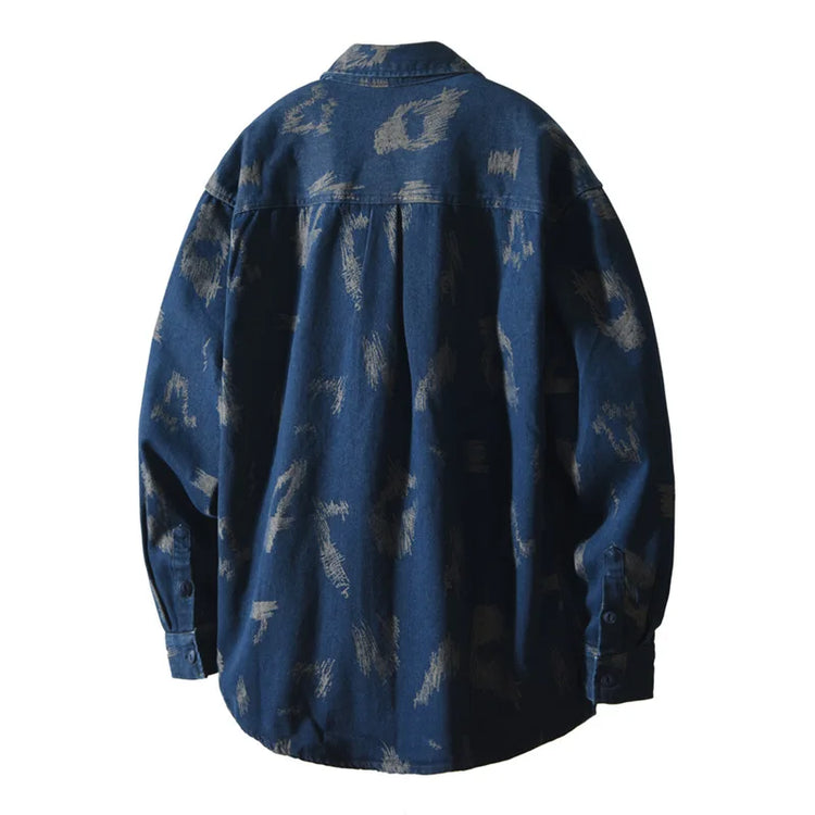 T795 Men's Long Sleeve Denim Casual Shirt for Autumn Winter Fashion Loose Relaxed Fit Vintage Flower Print Denim Jackets Male