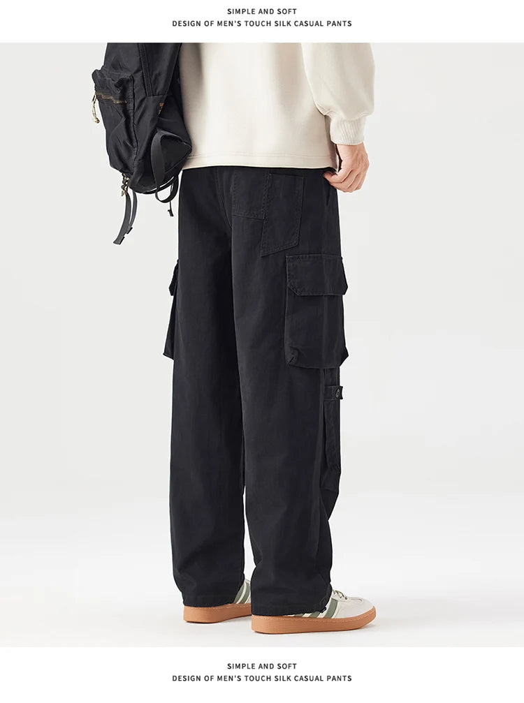 Autumn New Cargo Loose Multi-pockets 100% Cotton Straight Pants for Men Clothing Comfort Zipper Male Trouser GF258113