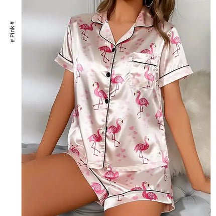 Pigiama da donna Pj Set Pigiama in raso con stampa a cuore Casual Manica corta Colletto con risvolto Top e pantaloni Indumenti da notte e pigiama per adulti platinumshop