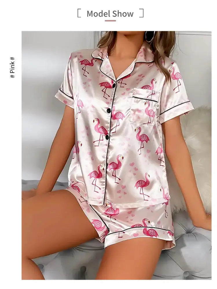 Pigiama da donna Pj Set Pigiama in raso con stampa a cuore Casual Manica corta Colletto con risvolto Top e pantaloni Indumenti da notte e pigiama per adulti platinumshop