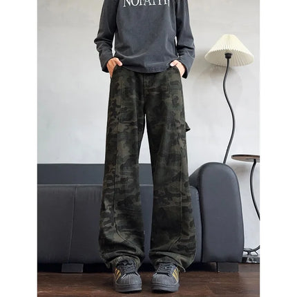 2026 Autumn Winter Mens Camouflage Flare Jeans American Dark Street Style Slim Fit Niche Design Casual Denim Long Pants
