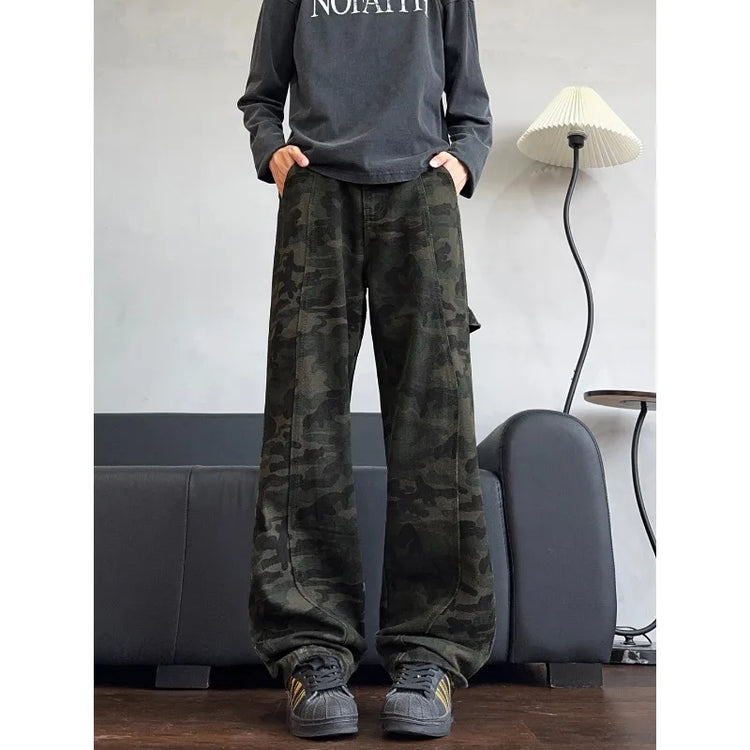 2026 Autumn Winter Mens Camouflage Flare Jeans American Dark Street Style Slim Fit Niche Design Casual Denim Long Pants