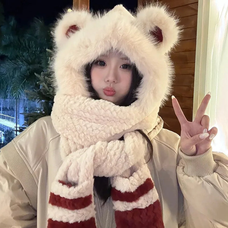 Women's Hat Beanie Balaclava Winter Cap Winter Women's Cute Thickened Fox Plush Hat Scarf Glove Three-in-one Cycling Warmth