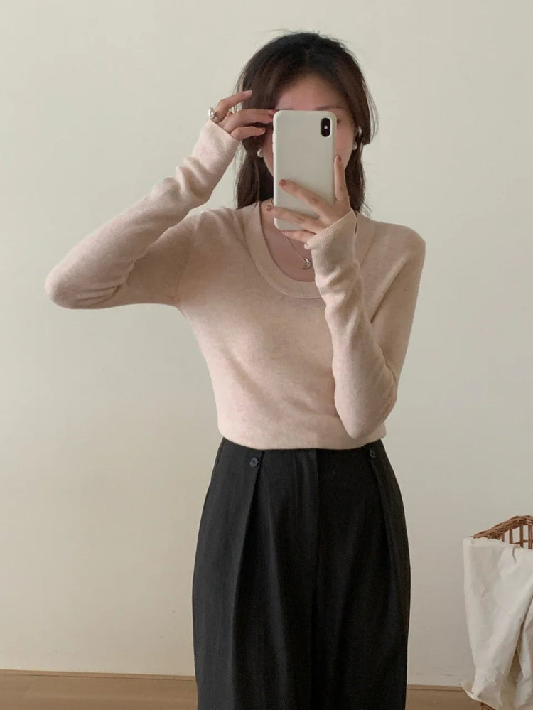 100% 48 count wool U-neck Ultra-fine Merino Wool Shirt for Women's Slim and Thin Bottoming Shirt for Women's Autumn and Winter PlatiNum