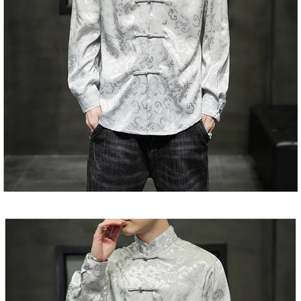 Giacca Tang di alta qualità da uomo camicetta con colletto alla coreana in argento elegante abbigliamento cinese rosso camicie Casual da uomo in raso di seta blu di grandi dimensioni