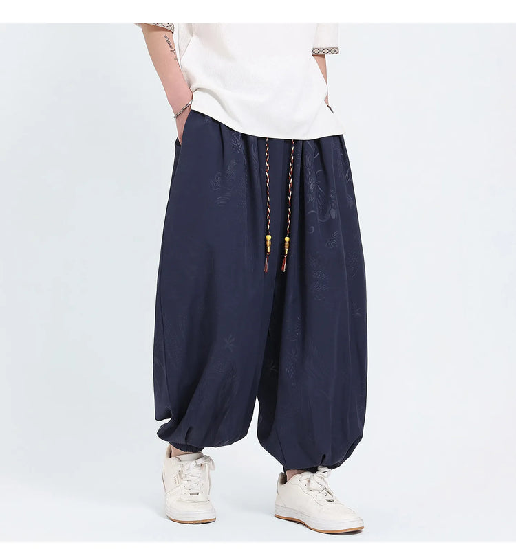 Pantaloni Estivi da Uomo Stile Cinese in Seta Ghiaccio con Motivo Drago Ukiyo-e, Comodi e Trendy, Pantaloni Casual Oversize da Uomo