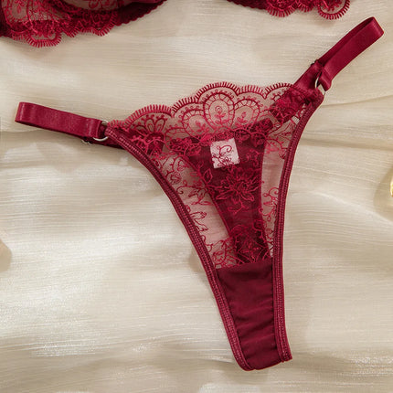 Toucheart Erotic Lingerie New Burgundy Embroidered Underwear Set Sexy Deep V Push-up Hot Bra Hollow See-through Panties Forwomen