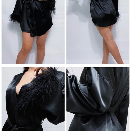 Accappatoi di piume Mini abito sexy in raso a maniche lunghe Vestaglia allentata per le donne Abito da sposa bianco Abiti da sposa neri