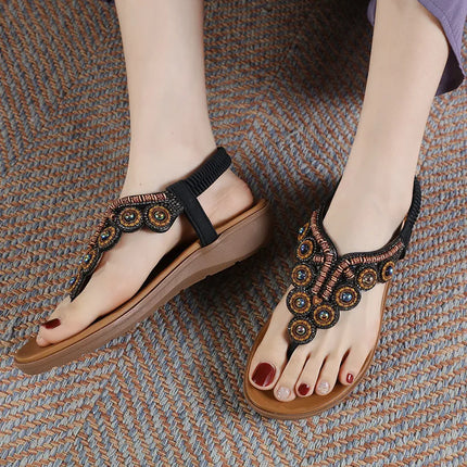 New 2026 Women's Summer Bohemian Style Sandals, Flip-Flop Design with Beaded and Rhinestone Buckle, Elastic Heel Strap, Comfortable Everyday Shoes