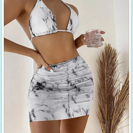 3 pezzi perizoma Bikini con gonna marmo texture costume da bagno donna costume da bagno Set costumi da bagno femminili abbigliamento da spiaggia nuoto estate platinumshop