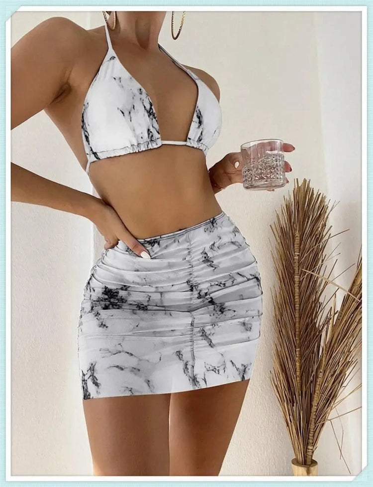 3 pezzi perizoma Bikini con gonna marmo texture costume da bagno donna costume da bagno Set costumi da bagno femminili abbigliamento da spiaggia nuoto estate platinumshop