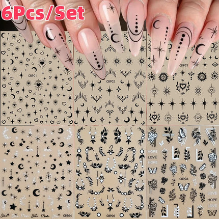 6Pcs/Set Metal Silver Star/Heart/Moon 3D Nail Art Stickers 8*10cm Hollow Love/Cross Self-Adhesive Slider Luxury Manicure Decals