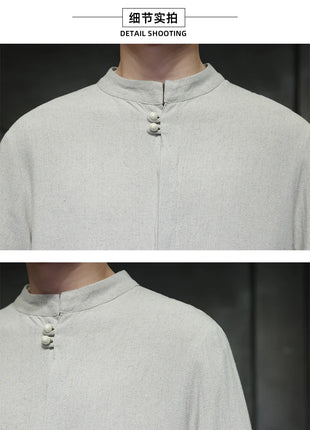 Camicie da Uomo di Alta Qualità con Ricami in Stile Cinese, Colletto Rialzato Retrò, in Lino Comodo e Traspirante, Camicie Casual da Uomo