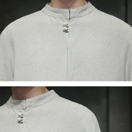 Camicie da Uomo di Alta Qualità con Ricami in Stile Cinese, Colletto Rialzato Retrò, in Lino Comodo e Traspirante, Camicie Casual da Uomo