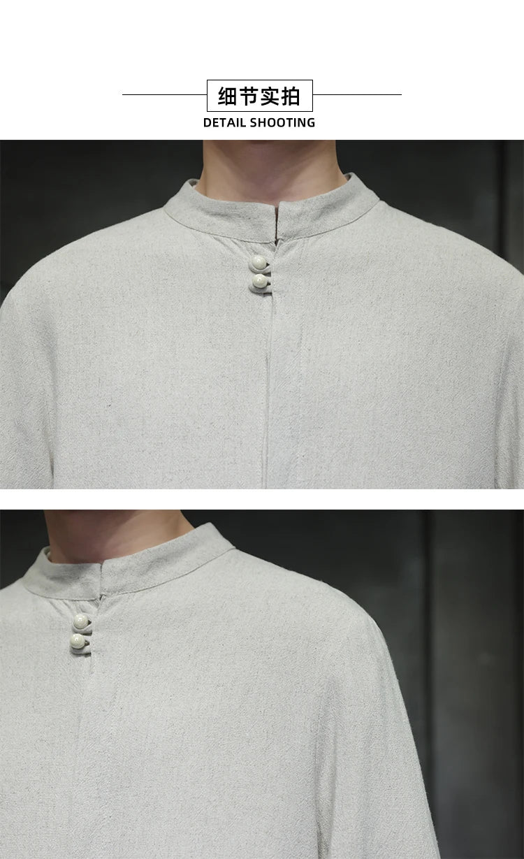 Camicie da Uomo di Alta Qualità con Ricami in Stile Cinese, Colletto Rialzato Retrò, in Lino Comodo e Traspirante, Camicie Casual da Uomo