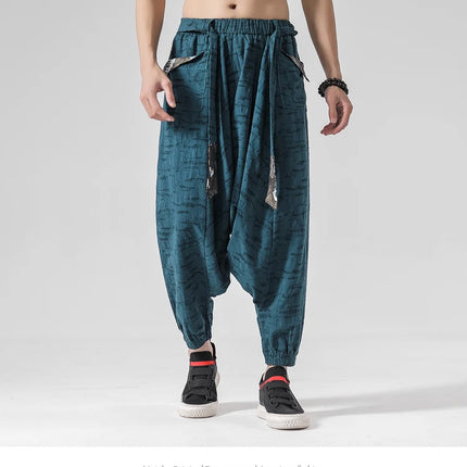 Pantaloni a gamba larga da uomo in cotone e lino casual oversize Harajuku pantaloni alla moda da uomo samurai giapponese retrò Ukiyo-e stampa pantaloni con cintura da uomo