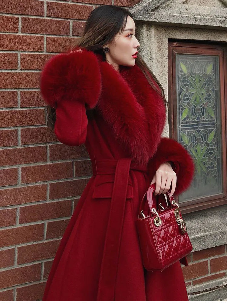 Women Fashion Long Luxury Overcoat Female Winter Coats Fur Collar Warm Elegant Thicken Solid Colo Woolen Jackets Abrigos Mujer