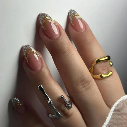 24Pcs Medium Almond Nude‑Pink 3D Textured Metallic Cat‑Eye French Sheer Press‑On False Nails For Nail Art Decor