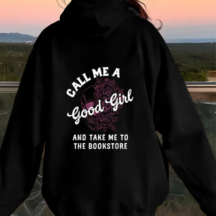 Dark Sweet & Cool Style, Front Zippered Hoodie with Skull and Rose Text Print for Women