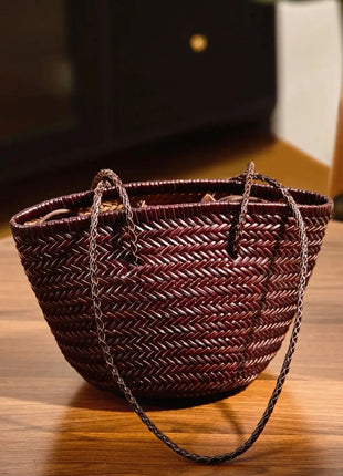 Borsa a secchiello intrecciata a mano 2026 in vera pelle, borsa a tracolla vintage da donna per uso quotidiano, pendolarismo e vacanze