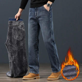 Winter Fleece Classic Loose Straight Men Jeans Warm Thicken Trousers Business Casual Velvet Elastic Denim Pants Plus Size 42 44