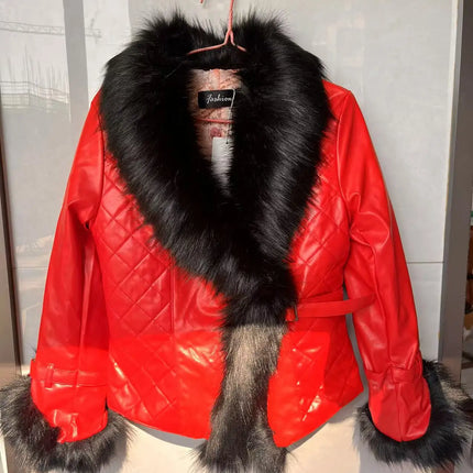 Leather Jacket Women Coat Faux Fox Fur Collar Short Coat PU Leather New Winter Female Jacket Elegant Motorcycle Zipper Outerwear