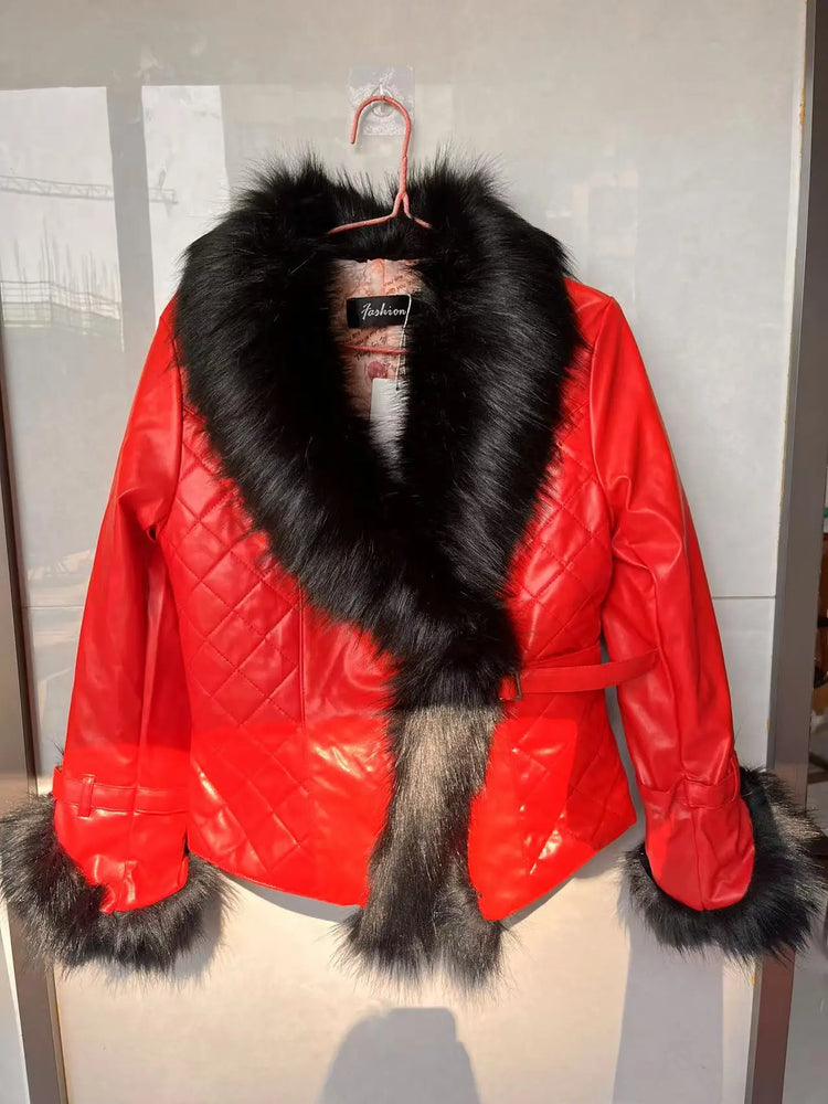 Leather Jacket Women Coat Faux Fox Fur Collar Short Coat PU Leather New Winter Female Jacket Elegant Motorcycle Zipper Outerwear