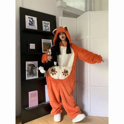Cartoon Coral Fleece Lined Onesie Pajamas Women's Winter Home Clothes Comfortable Breathable Sleepwear Polyester Fiber