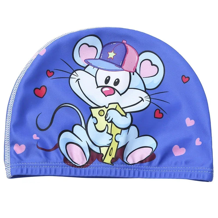 Cuffia da nuoto per bambini Tessuto elastico Simpatico cartone animato per capelli lunghi I bambini adorabili proteggono le orecchie Cappello da piscina per ragazzi e ragazze