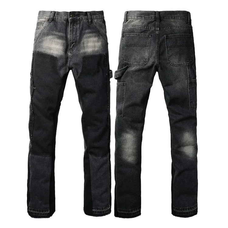 Four Seasons  Men's Casual Spliced Vintage Grey Elastic Jeans Bootcut Pants Trendy Slim Denim Trousers Male Men's Streetwear PlatiNum