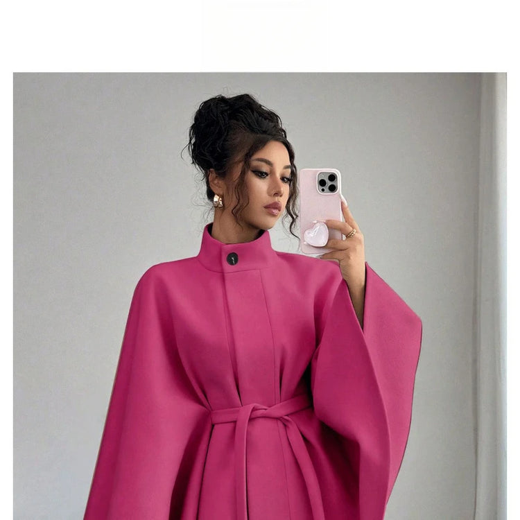 Women's Belted Wool Cape Coat High Neck Stand Collar Batwing Sleeve Loose Fit Winter Warm Poncho Outerwear 2026