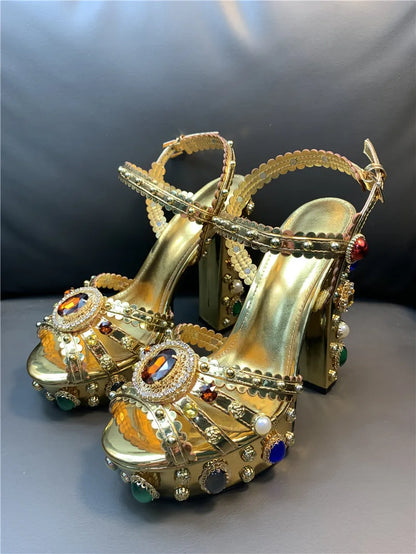 Women Chunky High Heels Shoes Platform Sandals For Women Rhinestone Metallic Gold Leather Shoes Woman Peep Toe Wedding Shoes