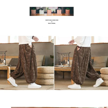Pantaloni di alta qualità per uomo stile cinese fiore scuro velluto a coste Bloomers casual elastico in vita moda pantaloni larghi a gamba larga maschile