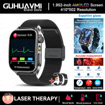 2025 Trattamento laser Tre Smartwatch alti 1.95 "Schermo curvo in zaffiro ECG + PPG Grasso nel sangue Acido urico Diagnosi salute Smartwatch platinumshop