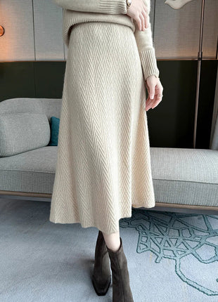 100% Cashmere Skirt Women's Mid-calf Dress Herring Bone High Waist High-end Versatile Knitted Skirt Autumn Winter Office Lady PlatiNum
